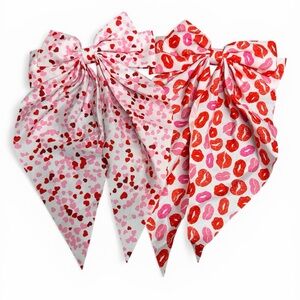 Bow Hair Clips Pink and Red Hearts and Lips Patterned with 3” clips set of 2